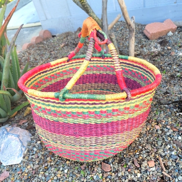 African Ghana Bolga Basket Large 17" Woven Leather Handle - Picture 1 of 10